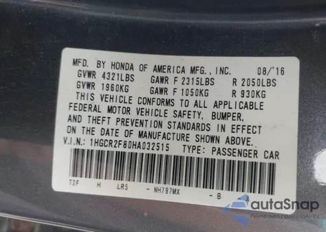 2017 Honda Accord Ex-L from USA, damaged, VIN 1HGCR2F80HA032515